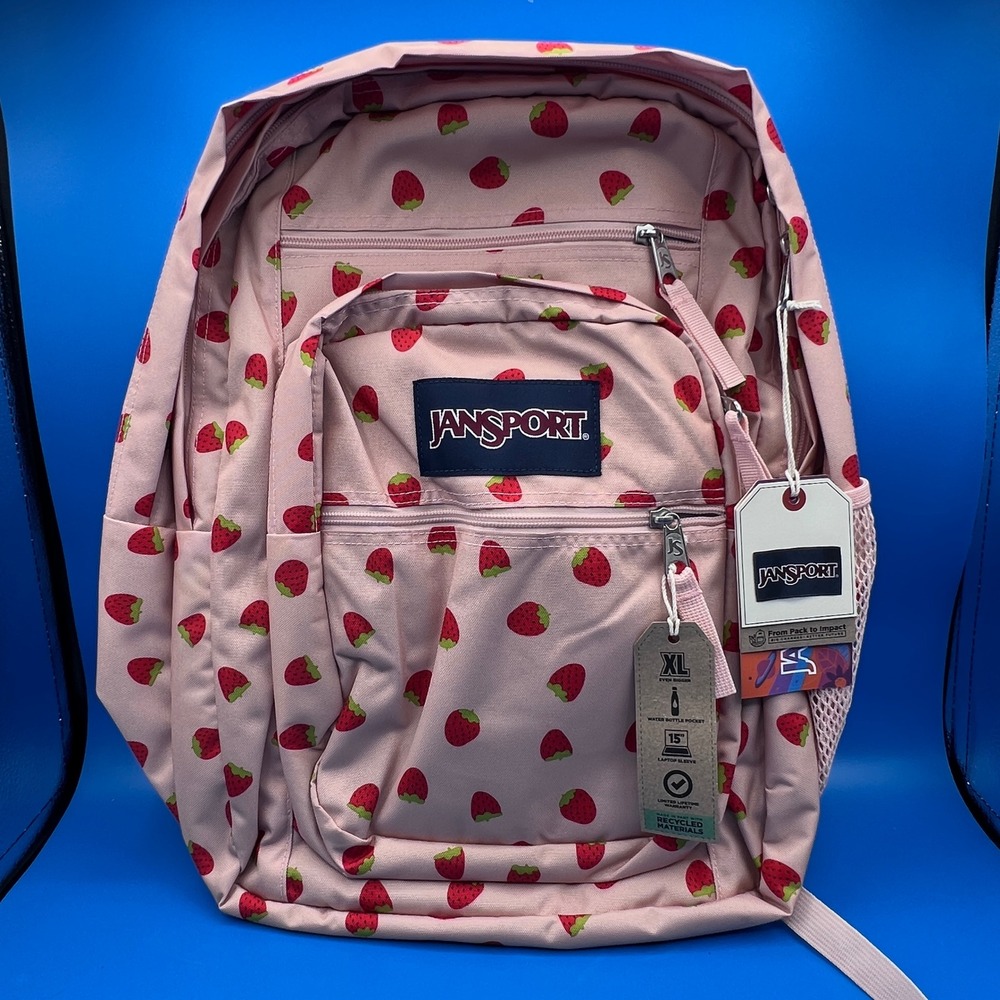 JanSport Big Student Backpack Pink Strawberry Print 15in Laptop Sleeve NWT - Picture 2 of 3